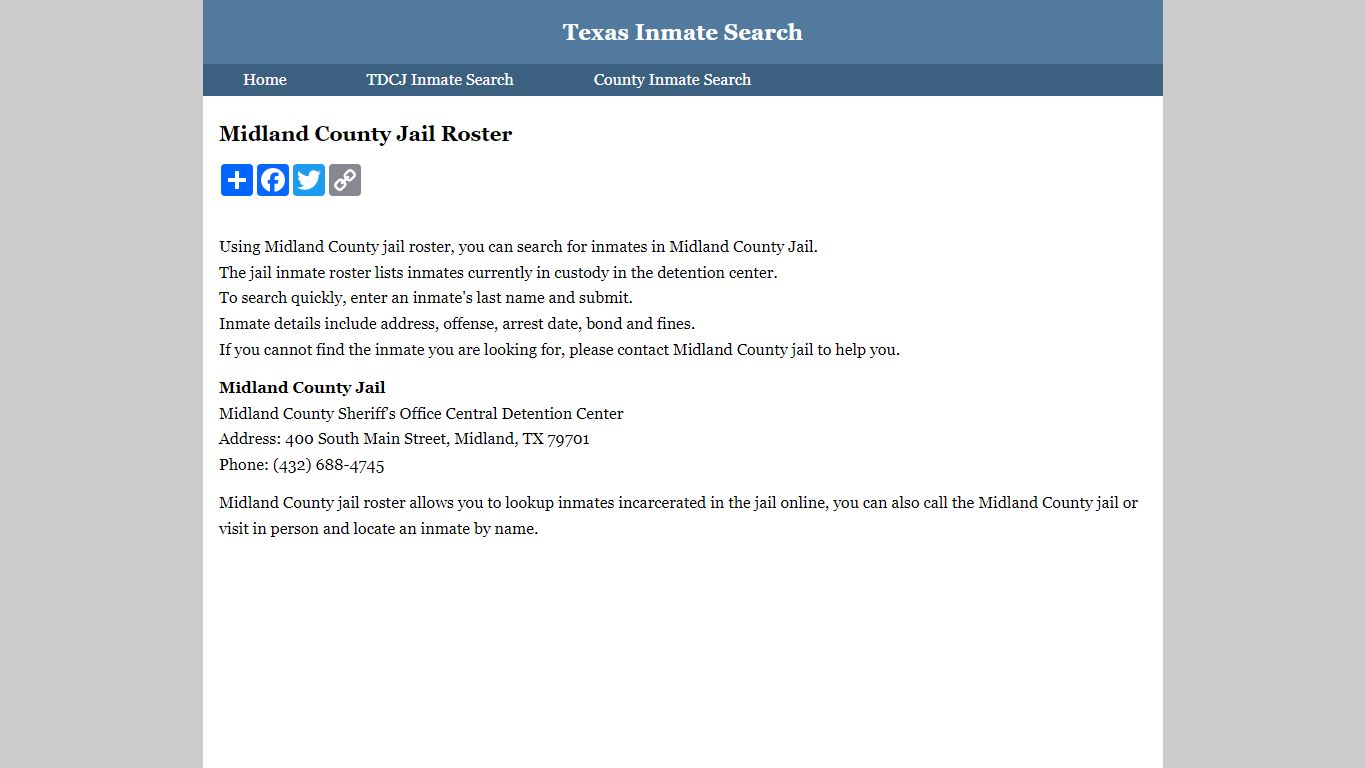 Midland County Jail Roster - Texas Inmate Search